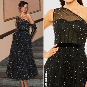 Mac Duggal 20745 Size 8 One Shoulder Black White Pearl Beaded Tulle Midi Dress